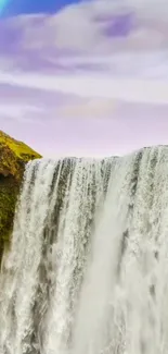 Majestic waterfall with rainbow over lush landscape.