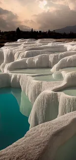 White limestone pools with turquoise water under cloudy skies.