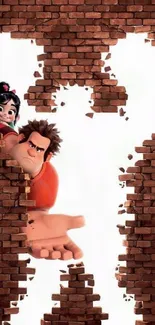 Cartoon characters breaking through a brick wall in vibrant digital art.