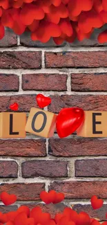 Red hearts and love letters on a brick wall background.