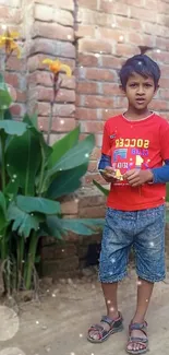 Young boy in red shirt standing by brick wall with plants.