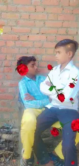 Two boys seated against a rustic brick wall with red roses in the foreground.