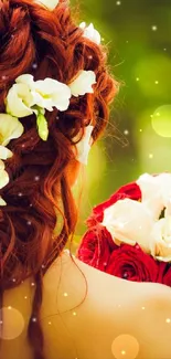 Bride with red roses against green nature background.