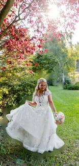 Bride in a stunning garden with vibrant red and green foliage.