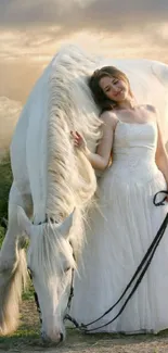 Elegant bride with white horse in serene outdoor setting.