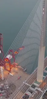 Aerial view of a modern suspension bridge over water.