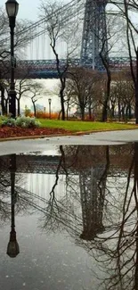 Reflective autumn scene with bridge and trees on a serene urban landscape.