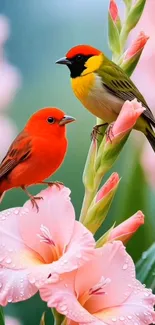 Two colorful birds on pink flowers with a blurred background.