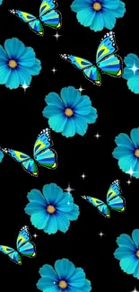 Blue flowers and butterflies on black background mobile wallpaper.