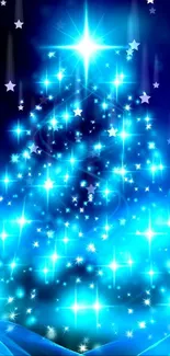 Glowing blue Christmas tree wallpaper with sparkling lights.