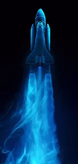 Blue rocket soaring upwards with glowing flames.