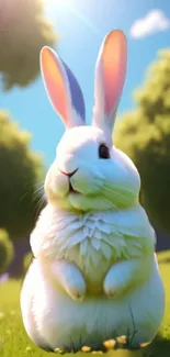 Cute bunny sitting in a sunny, green meadow.