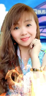 Woman smiling at colorful bus stop with blue sky.