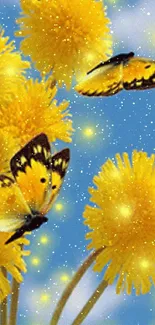 Yellow butterflies flutter among bright flowers under a clear blue sky.