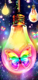 Vibrant butterfly inside glowing lightbulb wallpaper.