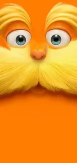 Bright cartoon character with orange background and yellow mustache.