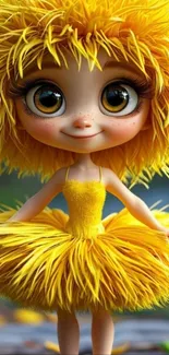 Cute cartoon character with yellow dress and big eyes in a whimsical design.