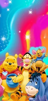 Bright cartoon characters on colorful fantasy background.