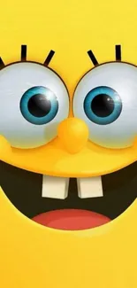 Mobile wallpaper of a yellow cartoon character with a big smile and expressive eyes.