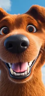 Smiling cartoon dog under blue sky.