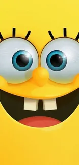 Smiling cartoon face with bright yellow background and blue eyes.