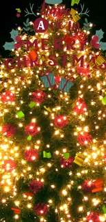 Brightly lit Christmas tree with glowing lights and decorations.