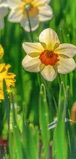 Vibrant spring wallpaper featuring blooming daffodils and lush green grass.