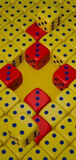 Colorful wallpaper with yellow and red dice featuring a vibrant design.