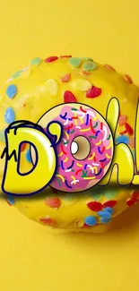 Colorful donut with yellow background, cartoon style.