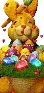 Cheerful Easter bunny with colorful eggs in a festive design.