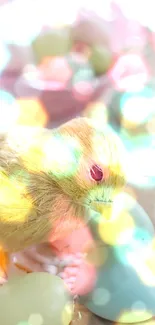 A vibrant Easter chick with colorful bokeh lights and pastel eggs.