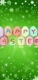 Easter-themed wallpaper with colorful eggs on a green background.