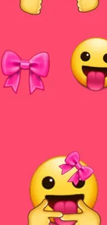 Pink background with playful emojis and bows for mobile wallpaper.