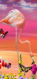 Bright flamingo with butterflies and flowers wallpaper.