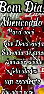 Colorful floral wallpaper with red roses and motivational text in Portuguese.