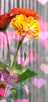 Colorful flowers with heart bokeh background.