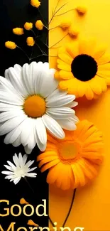 Yellow and white daisy floral wallpaper with 'Good Morning' text.