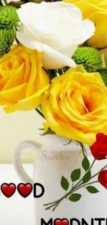 Good morning floral wallpaper with yellow roses and white vase.