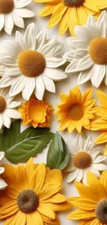 Bright daisies and sunflowers wallpaper with lush green leaves.