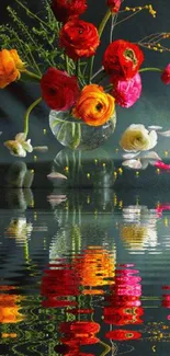 Vibrant flowers reflected in calm water with vivid colors.