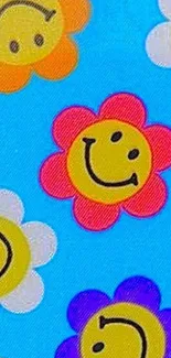 Colorful flower smiley face wallpaper on sky blue background.