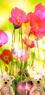 Teddy bears with poppies on a bright green background.