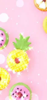 Vibrant fruit-themed phone wallpaper with pink background.