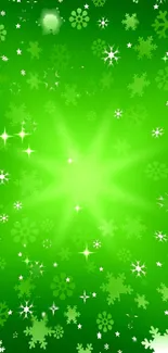 Vibrant green wallpaper with a starburst and snowflake design.