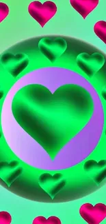 Vibrant mobile wallpaper with pink and green heart design.