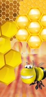 Cartoon bee with honeycomb pattern background in vibrant yellow.