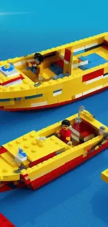 Vibrant LEGO boats on calm blue background.