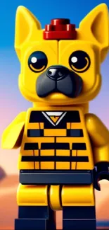 Lego-inspired dog figurine with a bright yellow design against a desert backdrop.