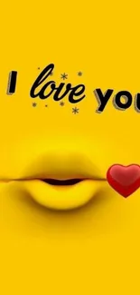 Bright yellow wallpaper with love emoji and red heart.