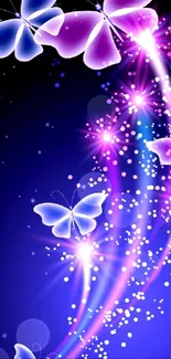 Neon butterflies on a glowing blue background with vibrant purple accents.